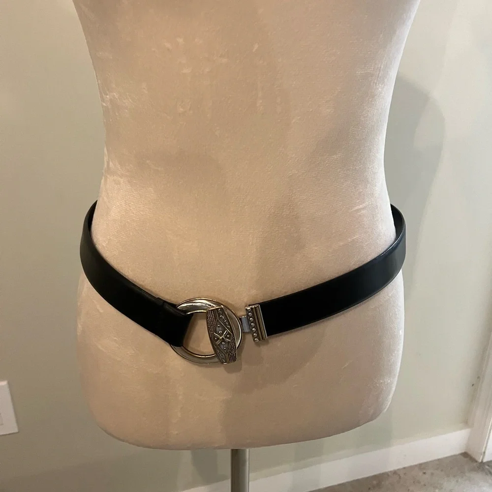 Chico's Black Leather Southwestern Style Belt with Etched Silver & Gold Buckle